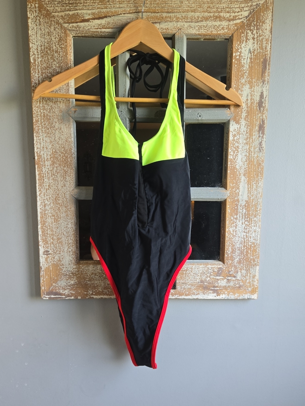 Color Block Women’s Neon Lime & Black One-Piece Swimsuit with Red Trim